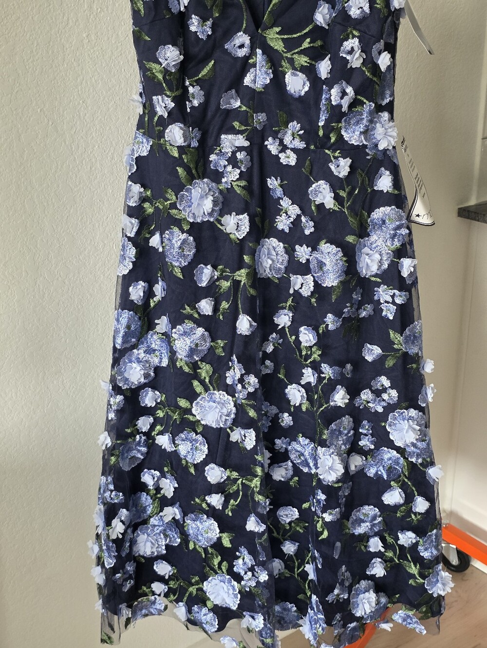 Xscape NWT Size 14 Navy Blue Floral Embroidered Fit & Flare Midi Dress $259 - Picture 4 of 11